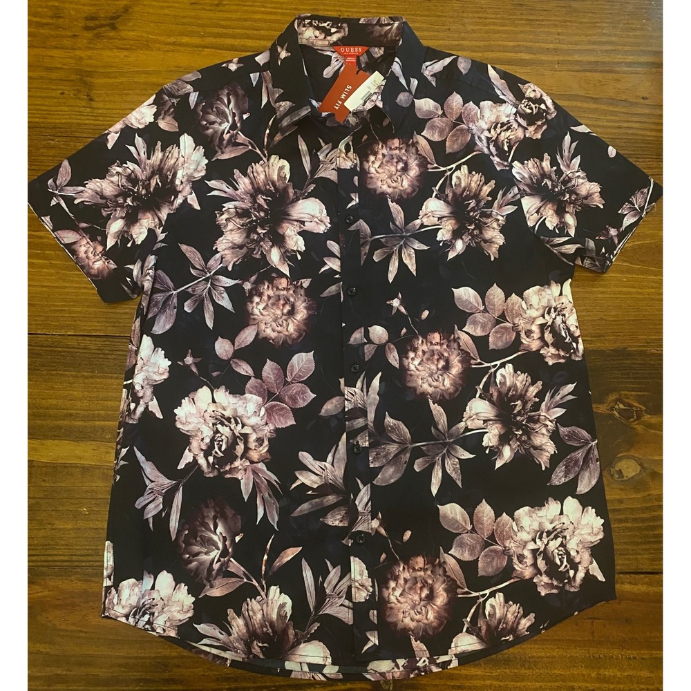 Guess Floral Button Down Shirt Womens Large Black Purple Slim Fit NEW WITH TAGS‎